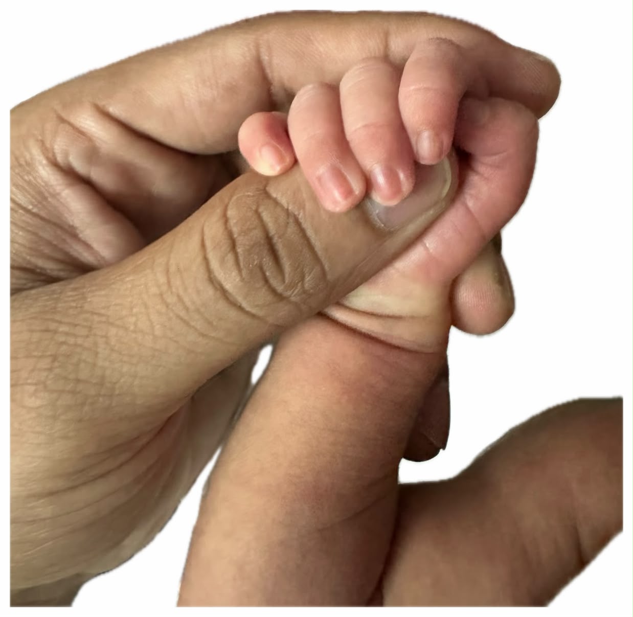 Our baby’s tiny hand holding a parent’s finger
